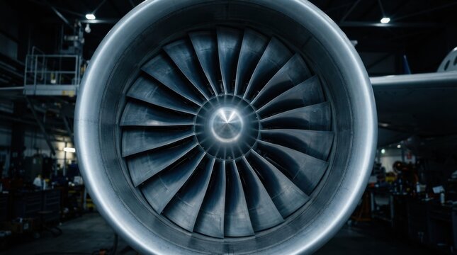 Polished turbofan engine intake fan blades inside an aircraft maintenance hangar