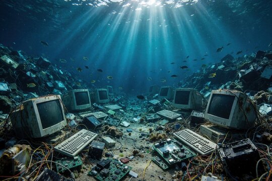 Underwater view of massive e-waste dump on ocean floor. Old computer monitors, keyboards, motherboards, cables rubbish seabed under sun rays. Electronic pollution, toxic junk destroy marine