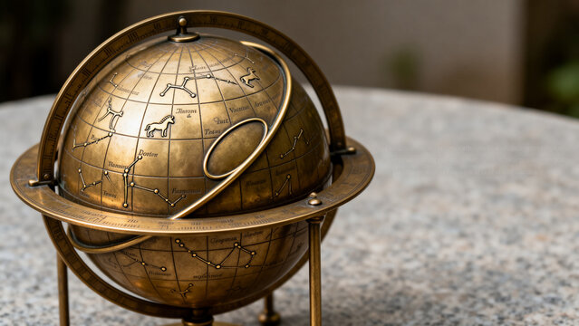 Vintage brass armillary sphere on stone table, astronomy and antique navigation concept