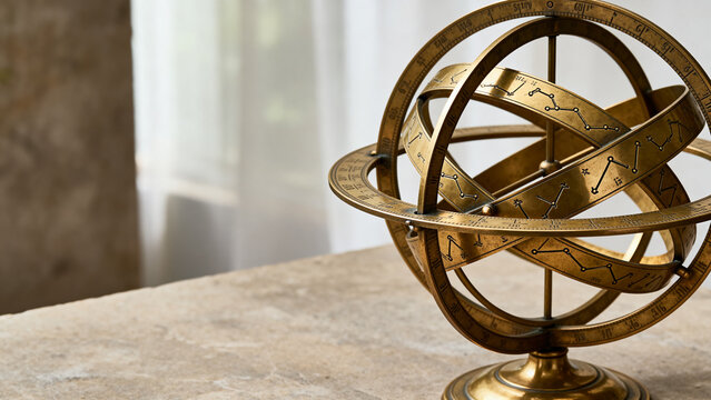 Vintage brass armillary sphere on stone table, astronomy and antique navigation concept