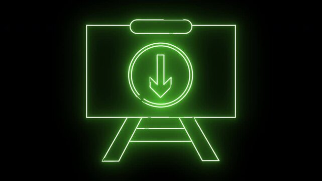 Green Neon Arrow Down Symbol on Easel Display.