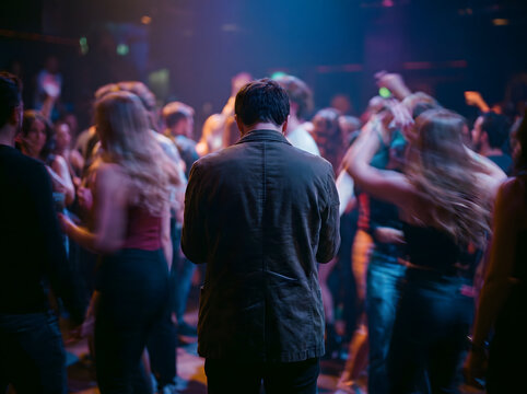 Solitary Man in Dark Jacket Back View Amidst Dancing Crowd at Vibrant Nightclub with Warm Stage Lighting and Copy Space for Event Marketing