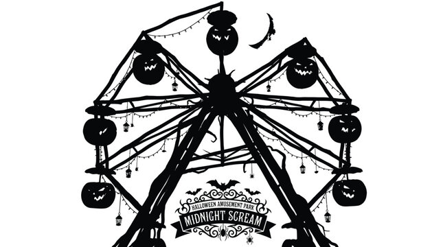 Spooky halloween ferris wheel vector illustration featuring scary carved jack o lantern pumpkins and creepy bats
