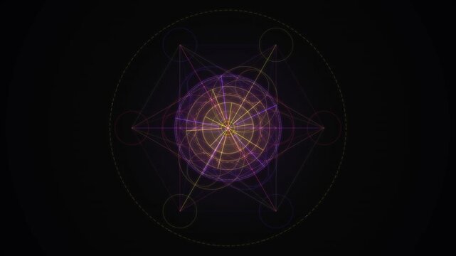 Neon geometric star pattern glows in a seamless looping animation on black background.