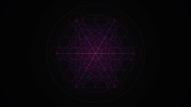 Looping sacred geometry mandala with magenta lines forming hexagram star pattern