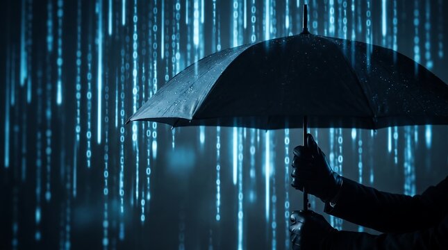 Person holding umbrella under digital rain representing cybersecurity protection in tech setting