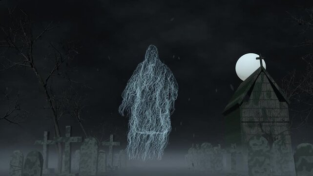 3D render of a glowing blue ghost hovering in a dark foggy cemetery under a full moon, transitioning to the text announcement Halloween 2027 is coming