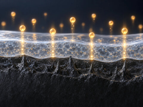 A minimalist 3D render representing lithium battery Solid Electrolyte Interphase (SEI) passivation layer technology. Translucent glass inorganic-organic composite SEI film allowing glowing amber lithi