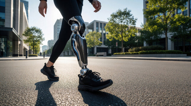 Active person walks with advanced bionic prosthetic leg in city street. Modern cyborg limb helps disabled individual move forward with mobility. High tech artificial leg shows innovation in medical