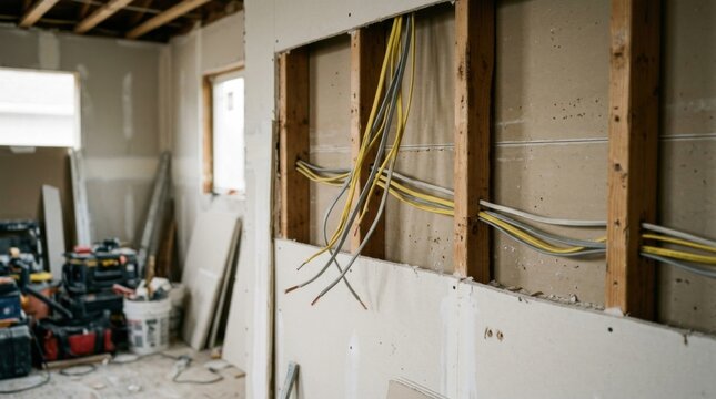 Unfinished room mid renovation with exposed drywall, dangling electrical wire and bare stud framing