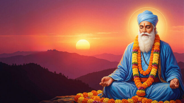 Elderly bearded saint in blue turban and robe sits cross-legged on rock. Holy guru meditates with glowing halo, marigold garland at sunrise over purple mountain hills.