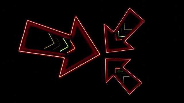 Glowing red and yellow neon arrow signs flashing against a pitch-black background.