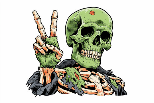 Green zombie skeleton showing peace sign in vintage comic pin-up style