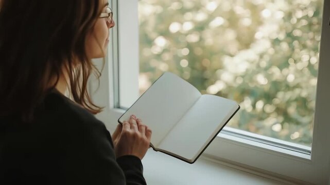 Woman Reading Notebook Beside Window Sunlight with Soft Outdoor Greenery and Peaceful Natural Light