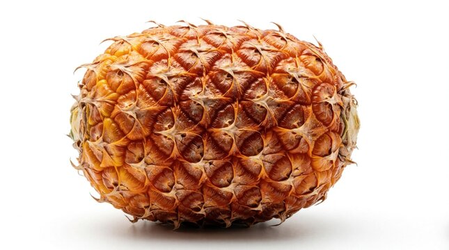 Fresh whole pineapple fruit isolated on white background. Ripe tropical fruit with textured skin, sweet yellow flesh. Juicy exotic produce for healthy diet, organic food ingredients summer juice