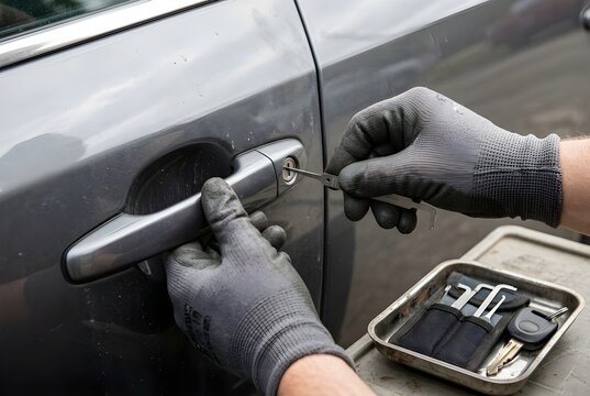 Car Lock Installation Repair Replacement Professional car locksmith opening car door with lockpicker automotive lock service key replacement emergency vehicle lock repair commercial stock photo
