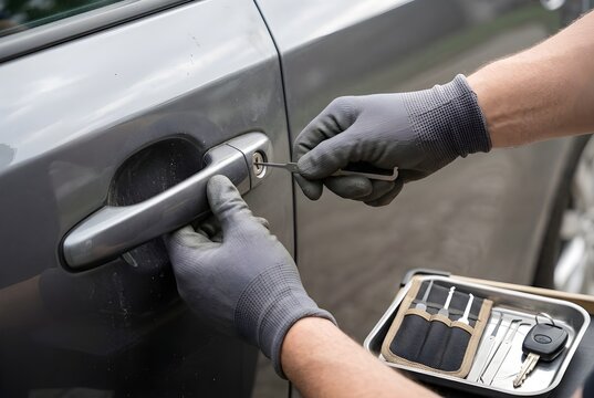 Car Lock Installation Repair Replacement Professional car locksmith opening car door with lockpicker automotive lock service key replacement emergency vehicle lock repair commercial stock photo