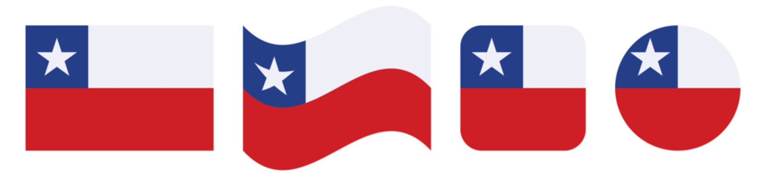 Chile flag icon set, Chilean national flag in rectangular waving rounded square and circular styles with blue white and red colors and white star, vector illustration isolated on white background