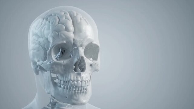 Detailed 3D rendering of a translucent human skull with a visible brain inside, against a light grey background.