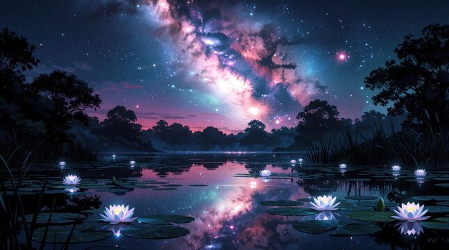 Magical night sky with bright milky way galaxy over calm pond. Colorful nebula, stars reflect in dark water. White water lilies bloom among lily pads in peaceful lake. Dreamy cosmic landscape under