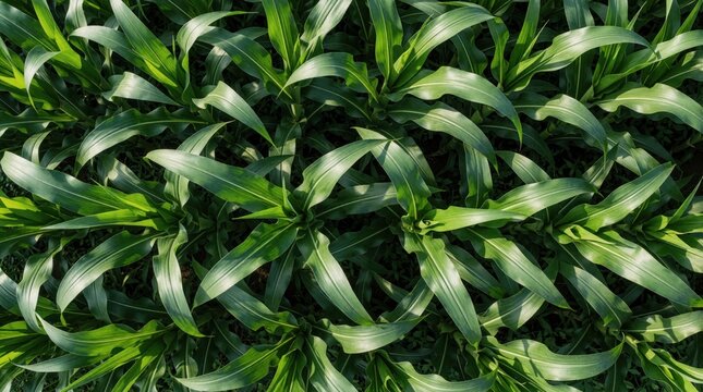 Top view of green corn plants growing in farm field. Maize leaves create organic pattern in agriculture plantation. Close up texture of crop vegetation during summer season in rural countryside land