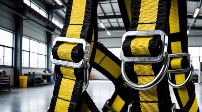 Black and yellow safety harness with steel buckles hanging in industrial warehouse. Heavy duty fall protection gear for construction workers. Personal equipment for climbing and rescue operations.