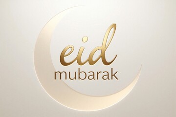 Obraz premium Elegant Eid Mubarak greeting card with gold calligraphy. Crescent moon shape background with luxury typography. Minimalist Islamic holiday design for Ramadan celebration festive religious occasion.