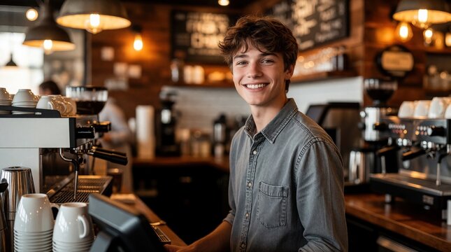 Smiling American teenage boy works part time at local coffee shop. Young male barista serves customers, operates espresso machine in modern cafe. Friendly staff member helps clients in cozy small