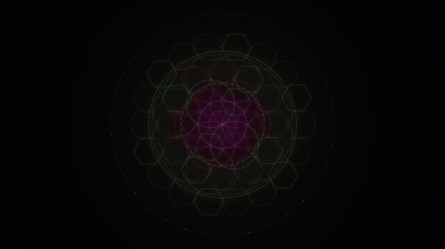Looping geometric pattern of green and magenta hexagons forms a glowing mandala on a black background.