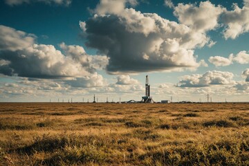 Obraz premium Wide landscape of northern tundra in summer. Oil, gas drilling rig stands in remote field under big cloudy sky. Industrial energy infrastructure located in arctic wilderness. Fossil fuel production