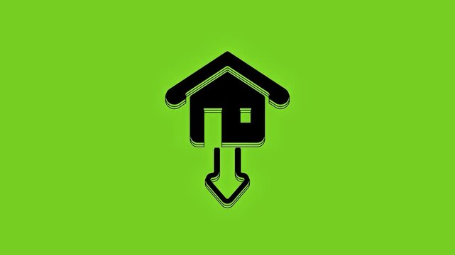 Black house icon with a downward arrow on a green screen key background, representing house value drop, real estate market crash, or property discount.
