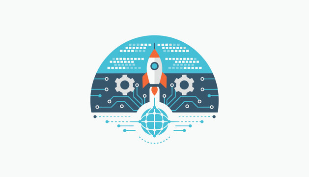 Space rocket launching from a digital globe with gear wheels and electronic circuit board elements on a grey background.