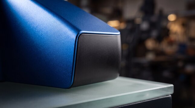 Macro detail of blue anodized aluminum housing with black plastic cap