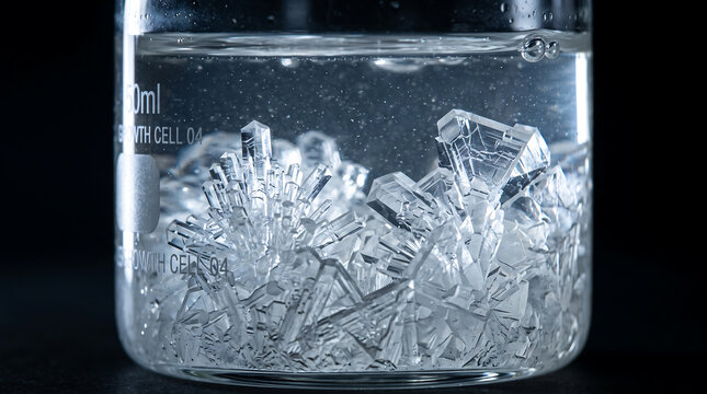Macro of transparent, geometric crystal structures growing inside a glass laboratory beaker filled with clear liquid against a black background