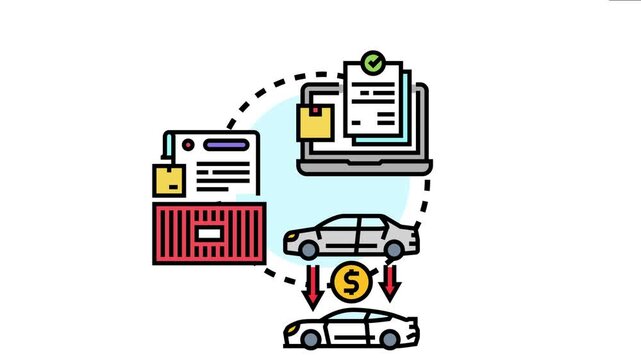 Global trade export control caps, with documents, laptop, shipping container, and cars symbolizing regulated international transactions and financial limits