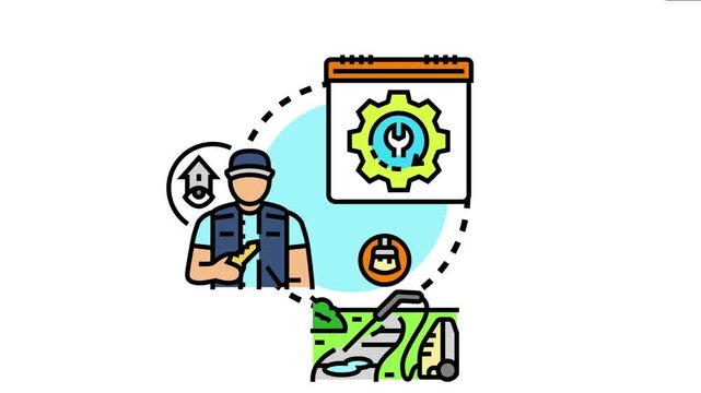 Man realizing the consequences of neglecting regular maintenance, showing a calendar with a wrench icon, a deteriorating house symbol, and a broken lawnmower with scattered debris on messy grass