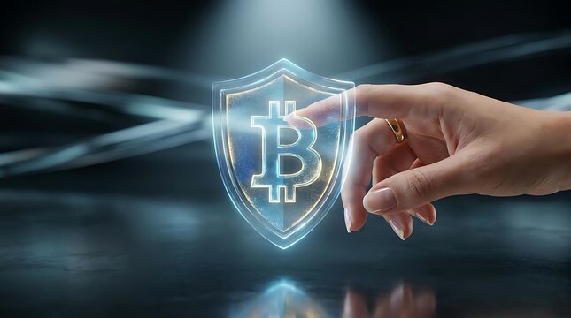 Human hand interacting with glowing Bitcoin security shield hologram.
