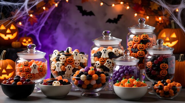 Halloween candy buffet with colorful sweets, pumpkins, and spooky decorations