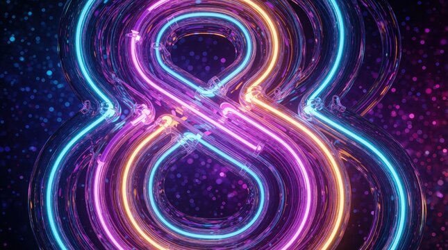 Abstract neon ampersand symbol glowing on dark starry background. Purple blue, orange light tubes form curly text character. Digital art concept for connection, partnership. Futuristic cyberpunk
