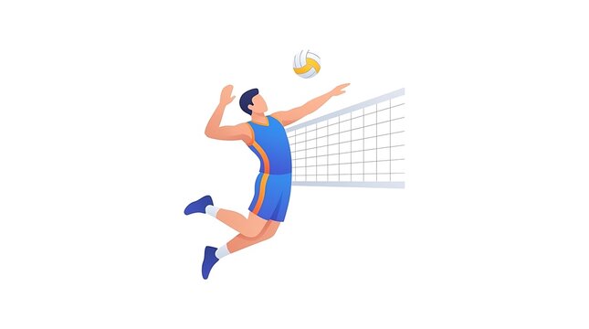 Male athlete jumping to spike volleyball over net