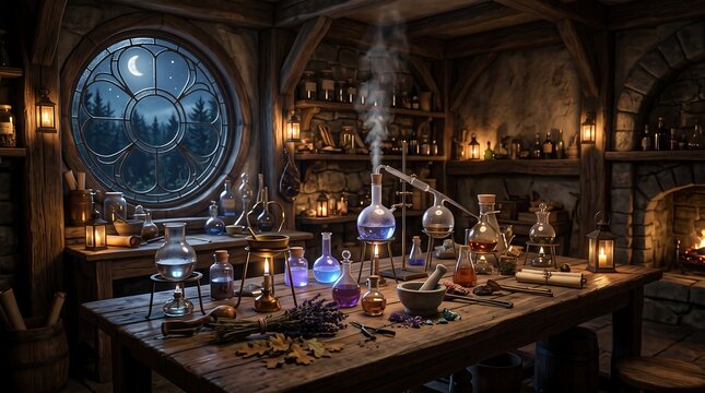Magical alchemy laboratory with glowing potions in glass flasks, smoking beakers, dried herbs, and old books on a wooden table in front of a round window showing a night sky with a crescent moon