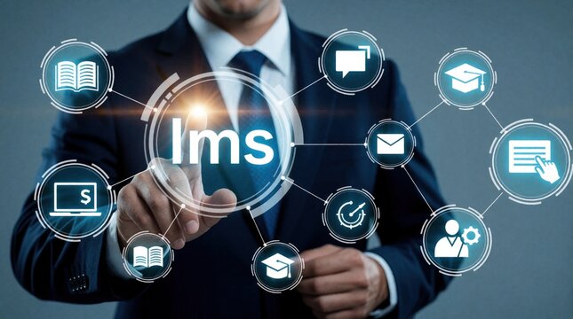 Businessman in suit touches glowing LMS interface icon. Digital learning management system with education, training symbols. Corporate e-learning network concept. Online course platform UI elements.