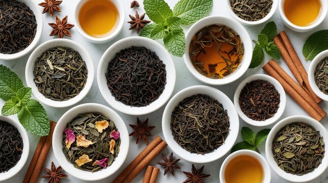 Top view of diverse tea blends in white ceramic bowls. Various dried leaves, cinnamon sticks, star anise, fresh mint on light surface. Organic herbal infusions with spices for wellness, relaxation