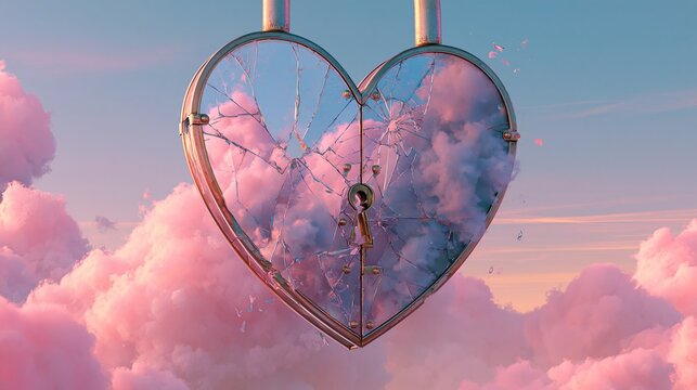 Shattered glass heart padlock floating in pink sunset clouds