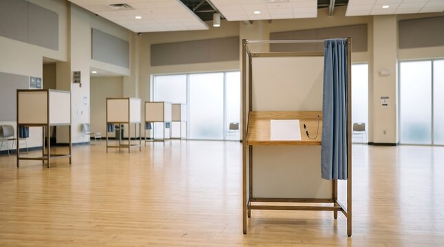 Single voting booth with a blue curtain, a wooden desk, a blank white paper, and a black pen, set in a large, bright room with light wood floors and multiple booths in the background