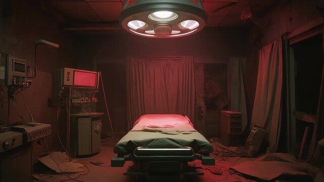 Abandoned spooky operating room interior with dark red eerie lighting and broken medical equipment in motion video footage