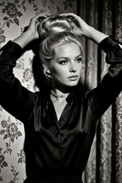 Vintage black, white portrait of young blonde woman with hair in high bun. Poses with hands on head wearing silk shirt, necklace. Retro 1970s fashion style against floral wallpaper background in