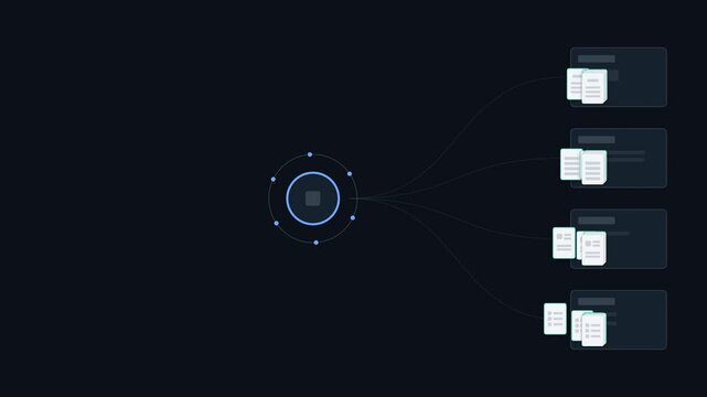 AI processing engine automatically sorts a chaotic batch of mixed documents, intelligently routing them into organized Finance, Legal, HR, and Operations category stacks.
