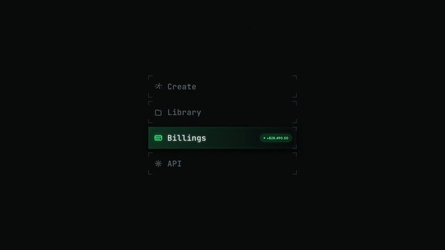 Futuristic HUD Navigation User Interface with Menu Items for Create, Library, Billings, and API. Minimalist Sci-Fi Tech Screen with Glowing Green Highlights on Black Background.