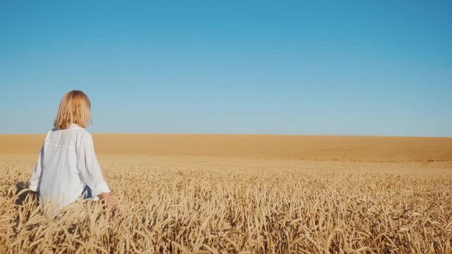 Young woman walks through vast golden wheat field at sunset, hand brushing over ripe grain, capturing essence of harvest season and natural beauty.